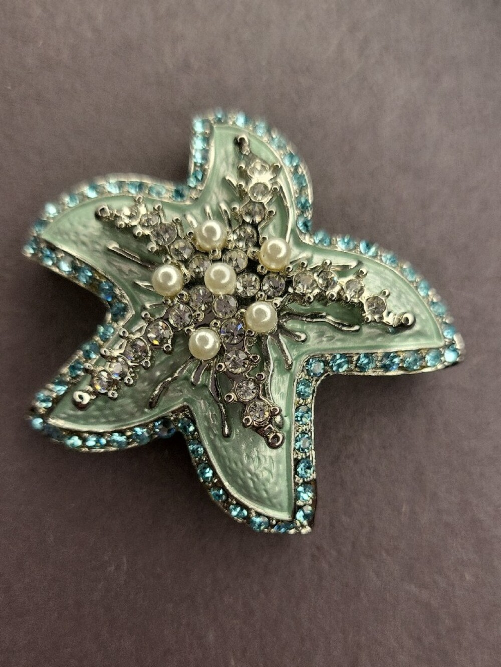 Erica Lyons Mint Green and Aqua Starfish Brooch with Pearls and Crystals